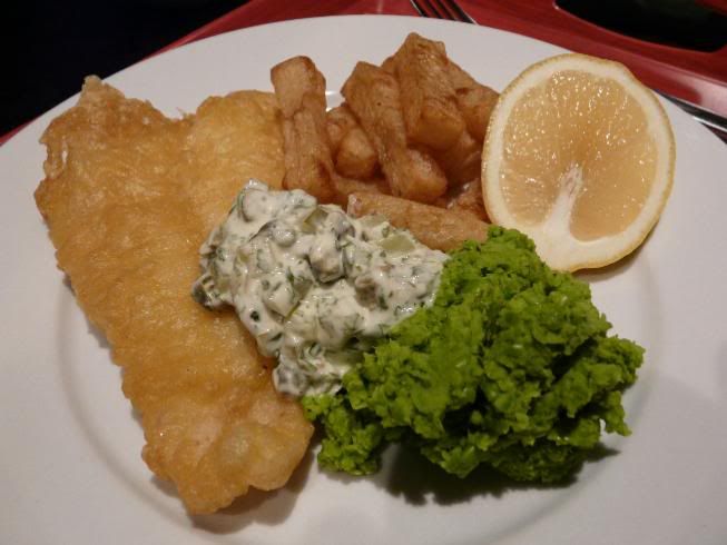 Battered Cod Fish. Cod and chips with mushy peas