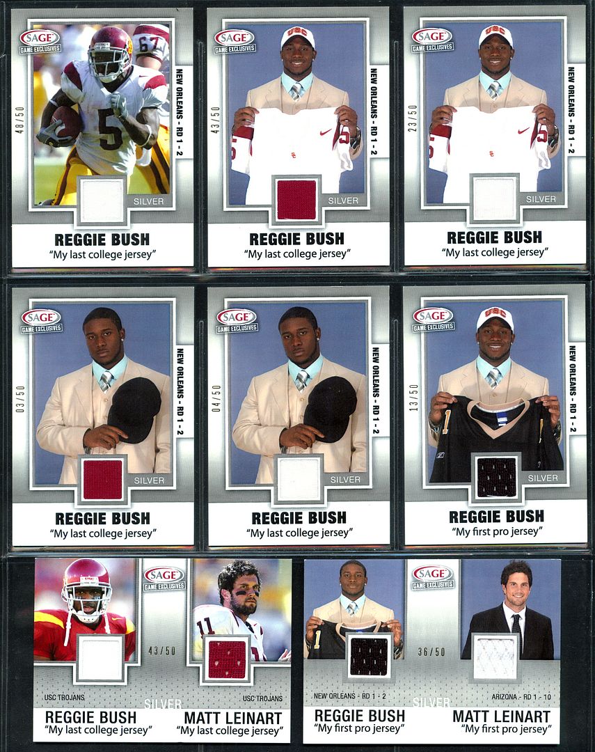 reggie bush usc jersey. Great looking lot of #39;06 SAGE Reggie Bush jersey cards here! These are the tough-to-find silver parallels too, all serial ##39;d to only 50 copies!